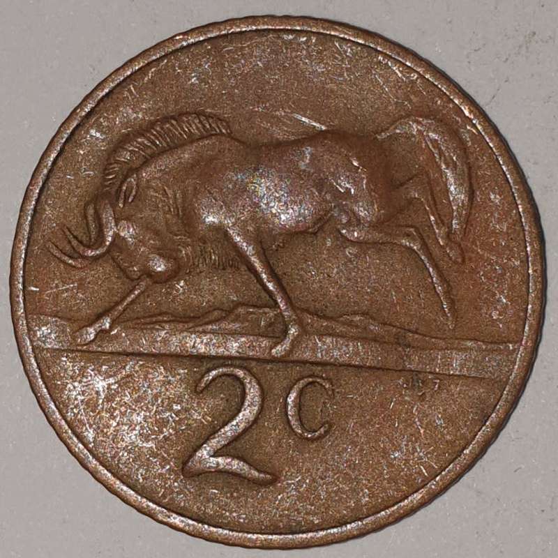 1973 - 2 CENT COIN (TWO CENT COIN) - RSA - BRONZE - KM#83 - BILINGUAL LEGEND - WILDEBEEST
